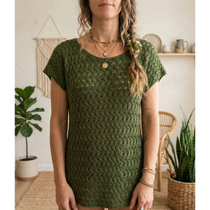 Coldwater Creek Olive Green Open Weave Crochet Knit Boho Top - Large